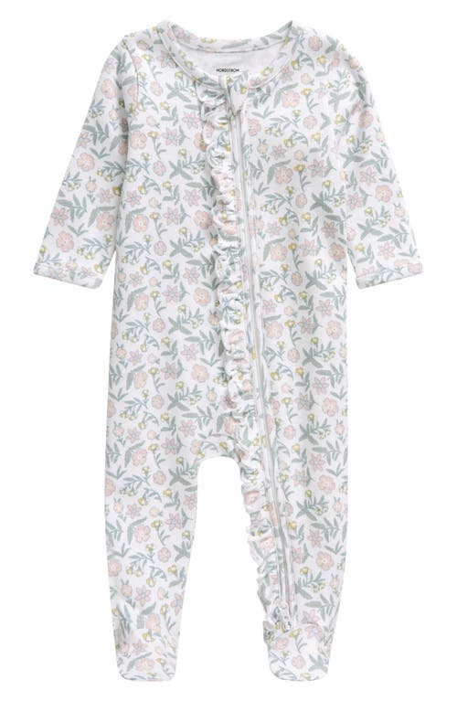 Nordstrom Floral Ruffle Zip-Up Cotton Footie White- Pink Summertime at Nordstrom,