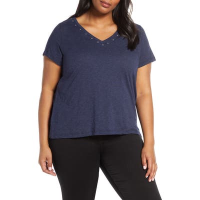 Plus Size Vince Camuto Studded V-Neck Tee, Blue
