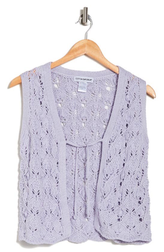 Shop Cotton Emporium Pointelle Sleeveless Tie Front Cardigan In Lavender