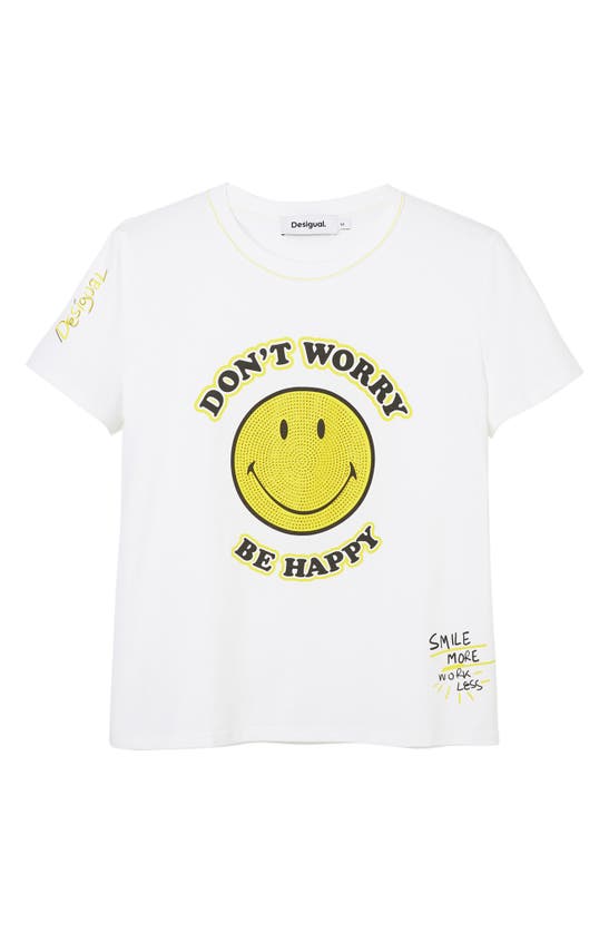 Shop Desigual Smiley® Rhinestone Embellished Stretch Cotton Graphic T-shirt In White