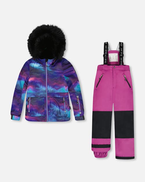 Deux Par Deux Babies'  Little Girl's Two Piece Snowsuit Printed Aurora Borealis And Purple In Byzantium