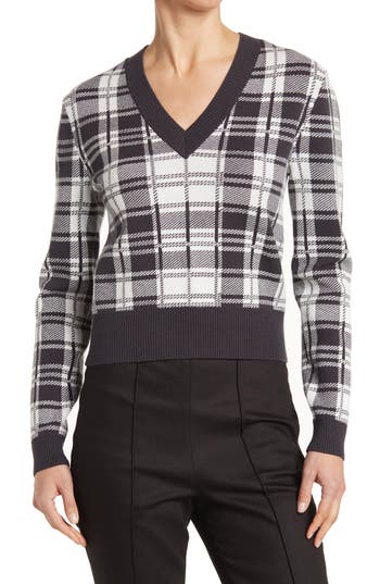 Vince Camuto V-neck Cropped Plaid Sweater In Brown/black