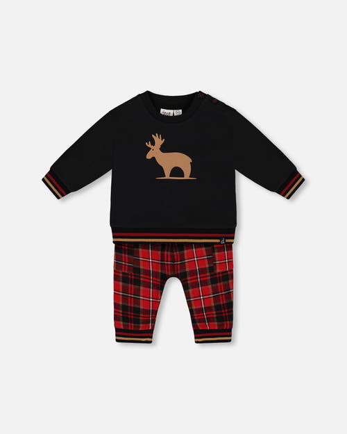 Shop Deux Par Deux Baby Boy's Fleece Sweatshirt And Pant Set Plaid Black And Red In Anthracite