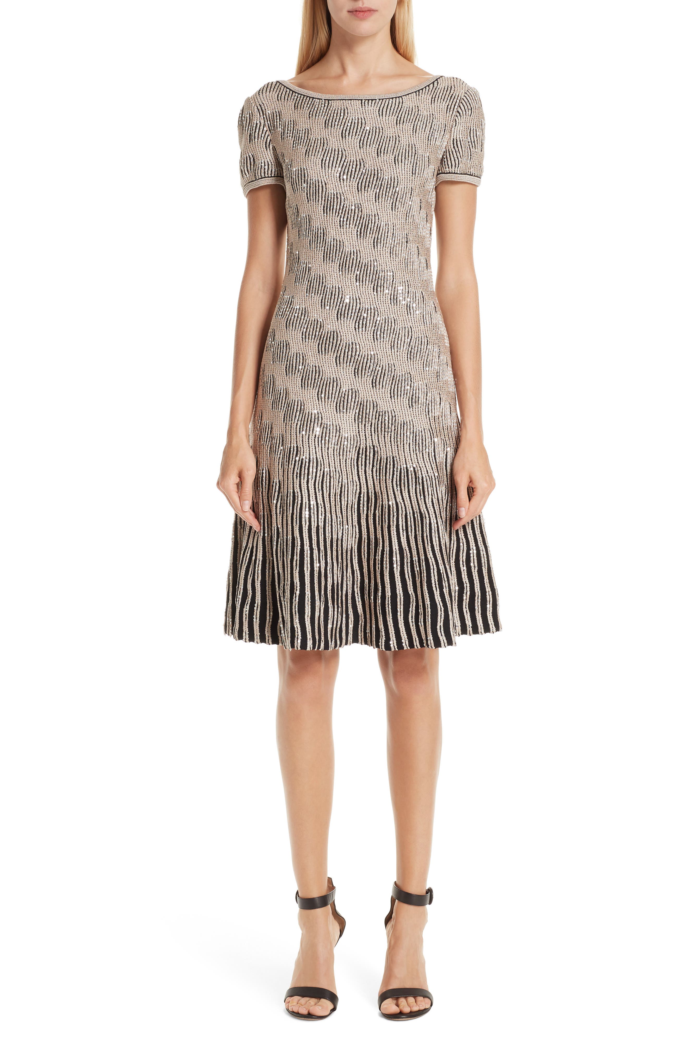 St. John Collection Inlaid Sequin Trellis Fit & Flare Dress, Black