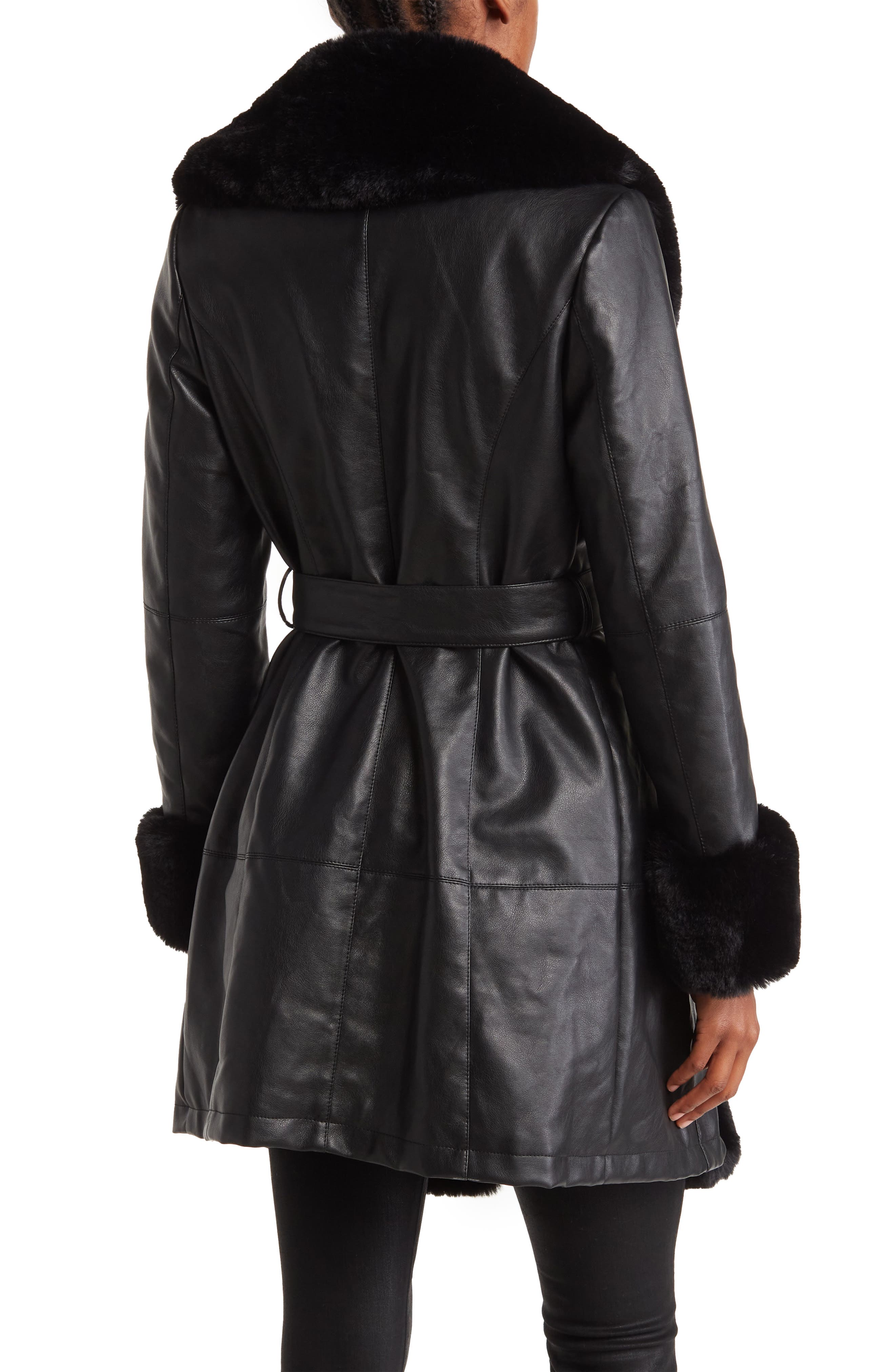 AZALEA WANG Faux Leather Faux Fur Belted Short Trench Coat in