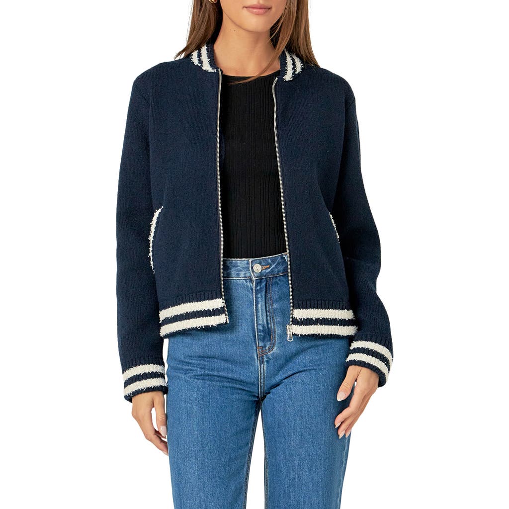 English Factory Knit Bomber Jacket In Navy