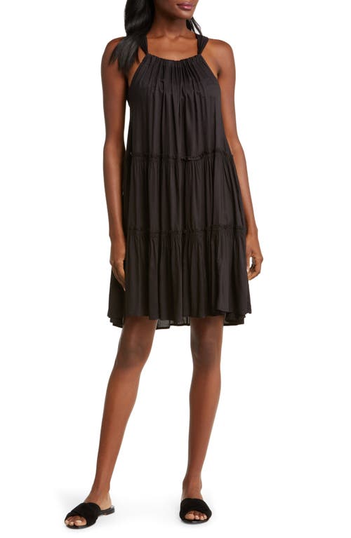 Ruched Tiered Cover-Up Swing Dress in Black