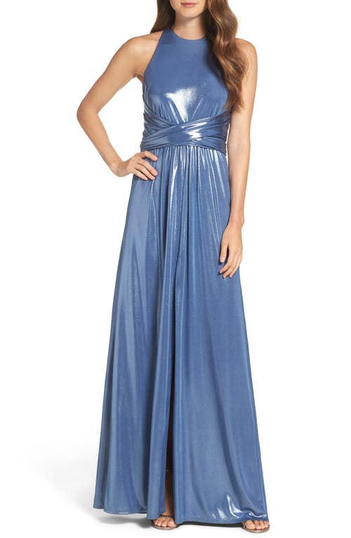 HALSTON EVENING High Neck Metallic Dress in Metallic Coastal Blue