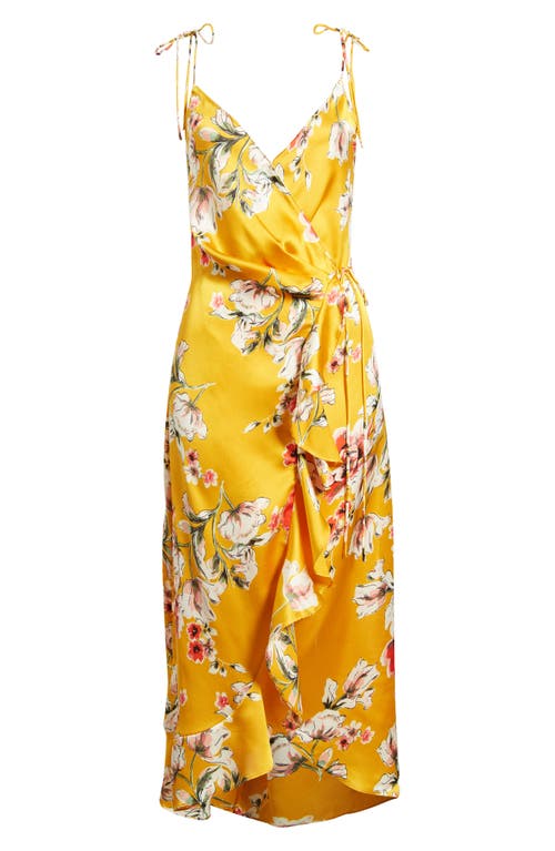 Shop Astr The Label Floral Satin Wrap Dress In Yellow Floral