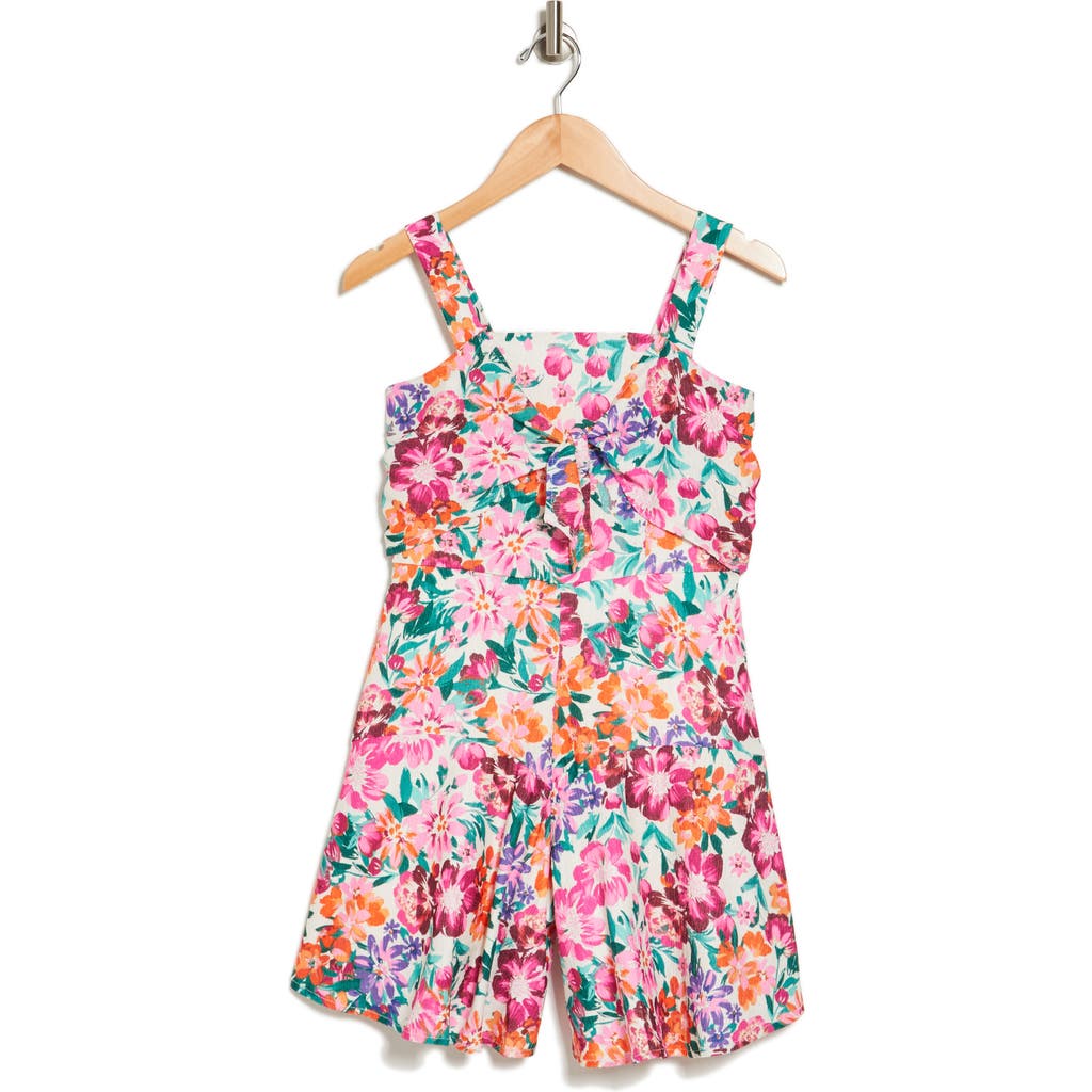 Ava & Yelly Kids' Knot Front Ruffle Romper In Multi