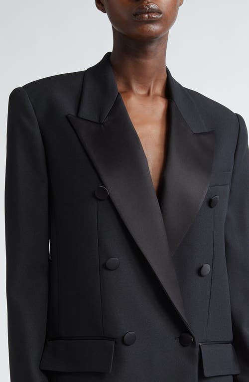 Shop Michael Kors Collection Satin Trim Double Breasted Crepe Blazer In Black