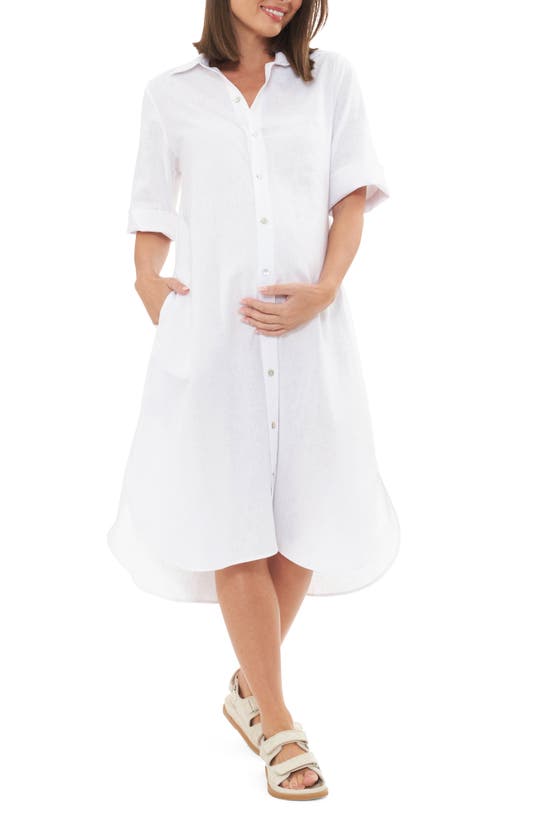 Shop Ripe Maternity Joyce Belted Linen Blend Midi Maternity Shirtdress In White