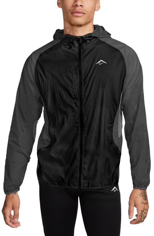 Shop Nike Trail Aireez Water Repellent Hooded Running Jacket In Black/anthracite/white