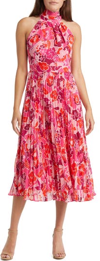 Eliza J Floral Print Pleated Halter Neck Midi Dress | Nordstrom