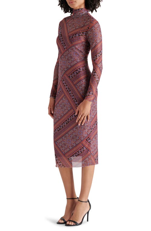 Shop Steve Madden Vivienne Scarf Print Long Sleeve Turtleneck Mesh Midi Dress In Multi