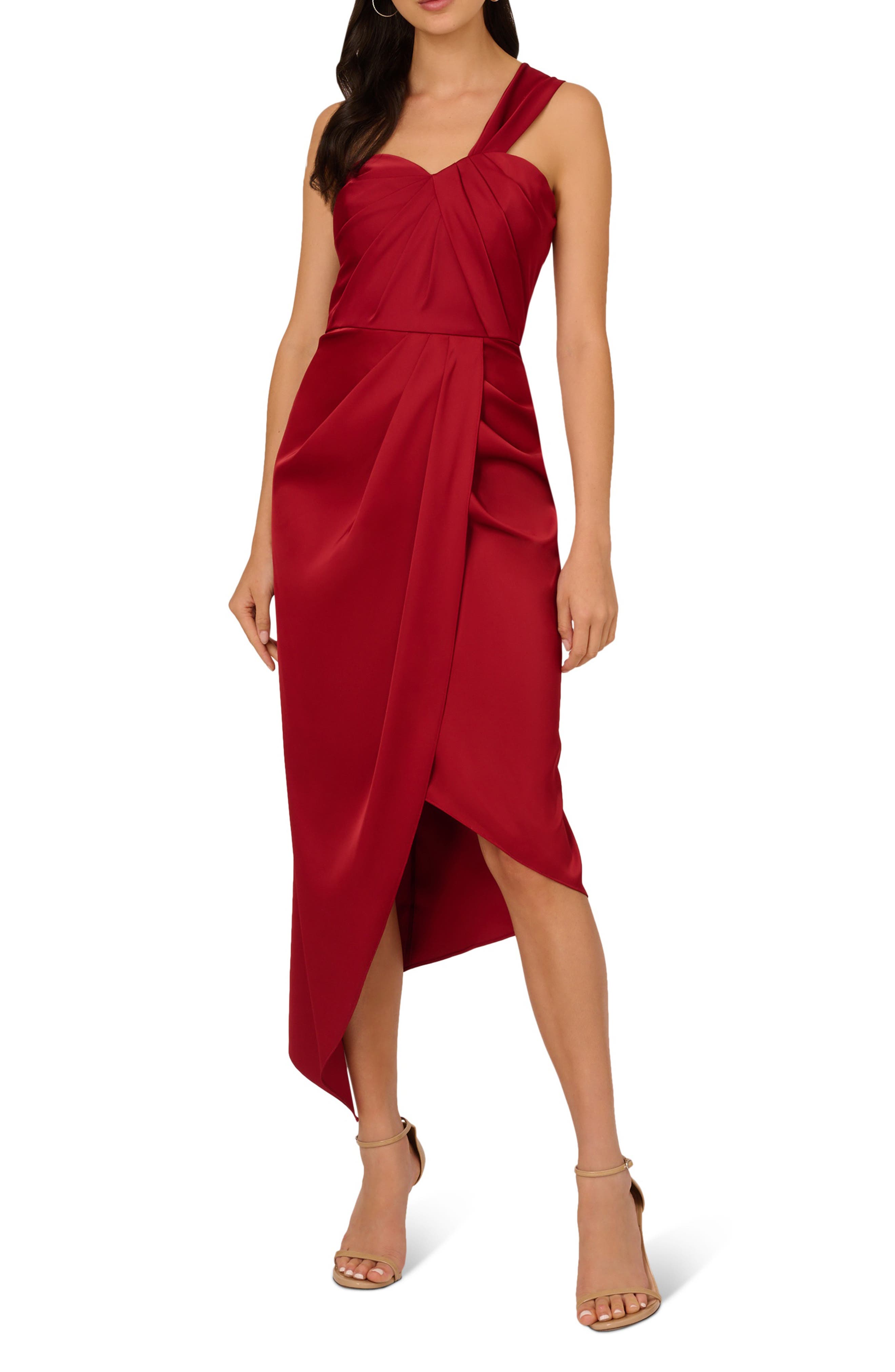 LIV FOSTER Draped One-Shoulder Satin Sheath Cocktail Dress in Wine Red 