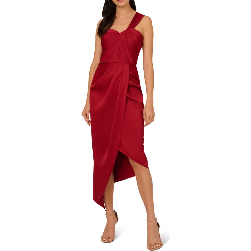 LIV FOSTER Draped One-Shoulder Satin Sheath Cocktail Dress in Wine Red