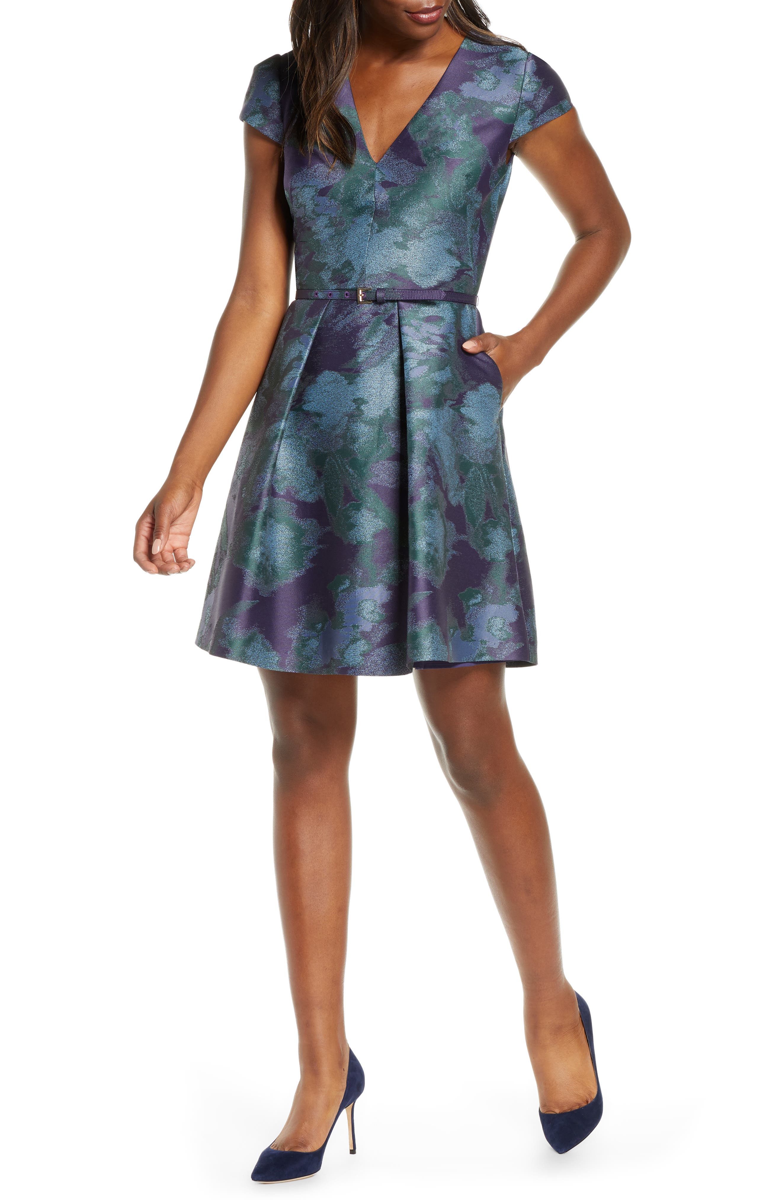 UPC 689886414417 product image for Women's Vince Camuto Cap Sleeve Jacquard Fit & Flare Dress, Size 2 - Blue/green | upcitemdb.com