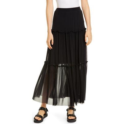 Fuzzi Tiered Mesh Maxi Skirt, Black