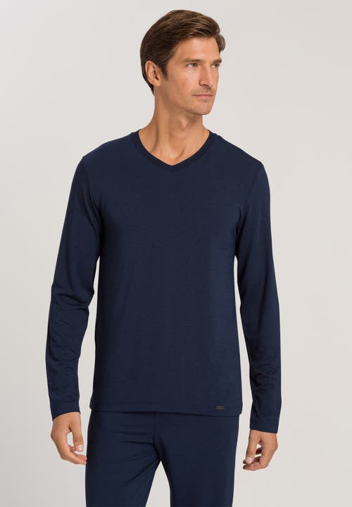 Hanro Cotton Blend Long Sleeve V Neck Tee In Deep Navy