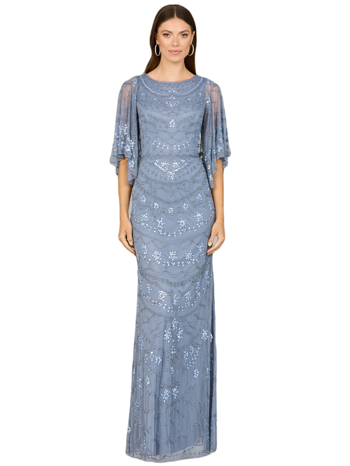 Shop Lara New York High Neck, Cape Sleeve Beaded Gown In Dustyperiwinkle