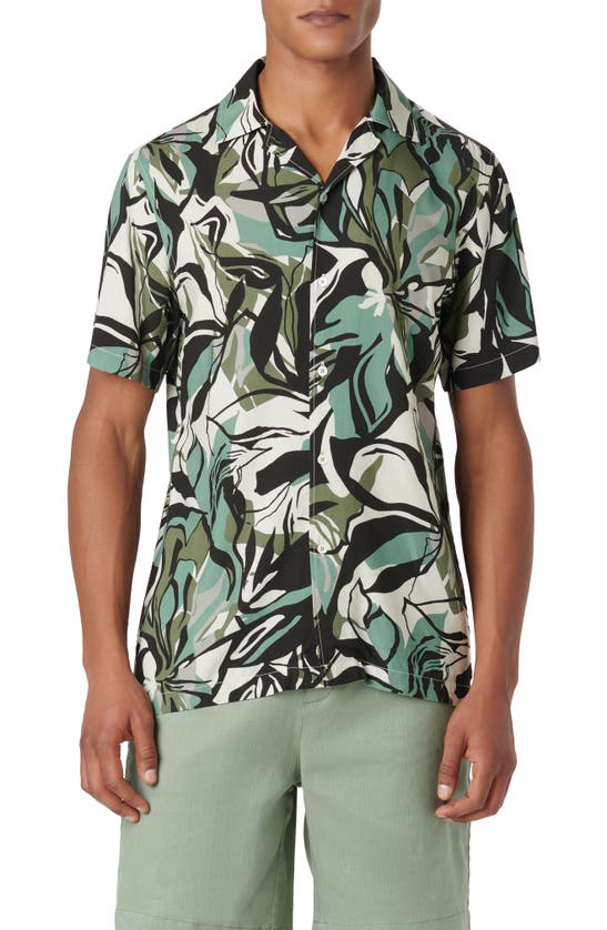 Shop Bugatchi Jackson Trim Fit Abstract Print Short Sleeve Button-up Camp Shirt In Khaki