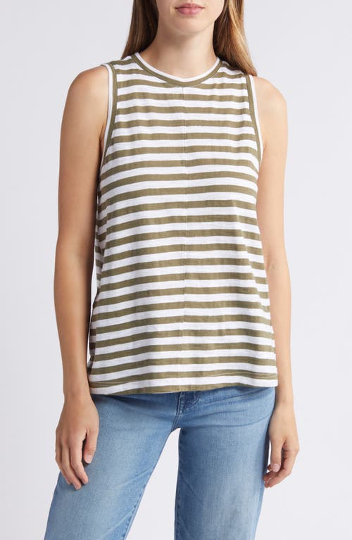 Caslonr Caslon(r) Sleeveless Cotton Blend Crewneck T-shirt In Olive Burnt-white Charm Stripe