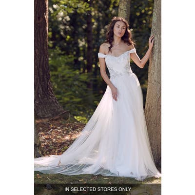 Marchesa Notte Laura Floral Off The Shoulder Wedding Dress, Size - Ivory