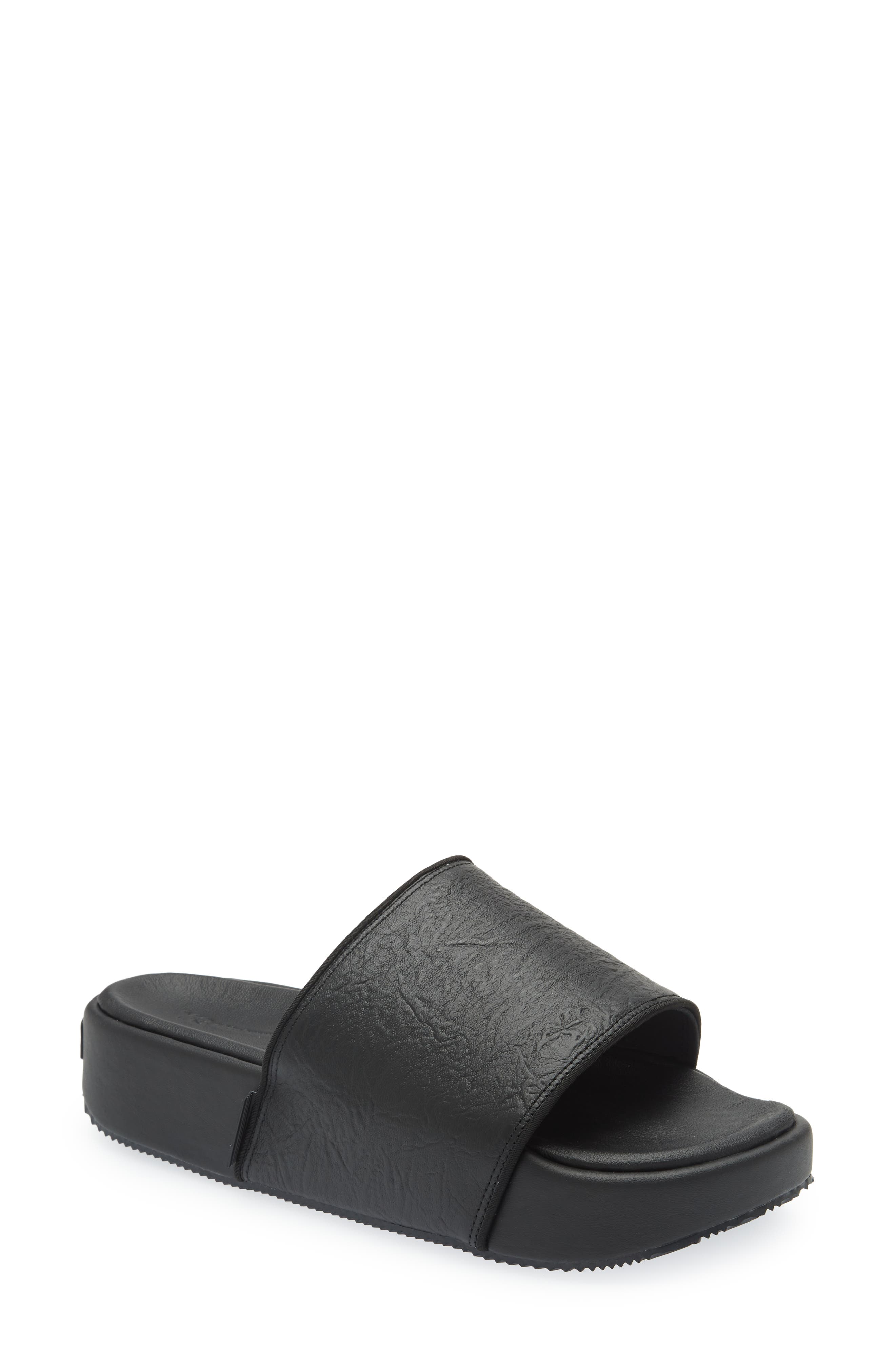 Y-3 Leather Platform Slide Sandal in Black/Black/Corewhite at Nordstrom, Size 11