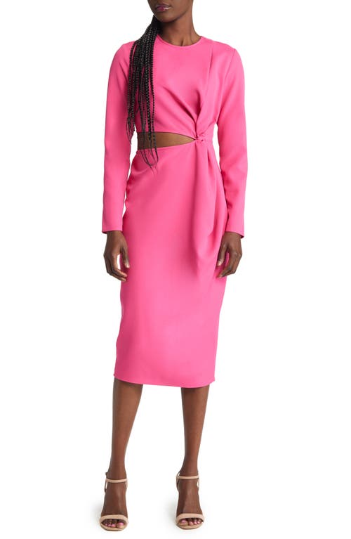 Area Stars Cutout Detail Long Sleeve Crepe Cocktail Dress in Fuchsia