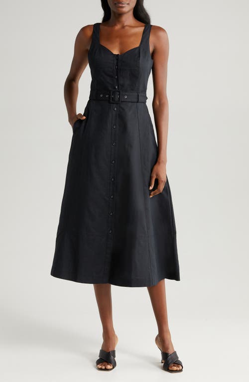 PAIGE Arienne Belted Sleeveless Linen Blend Midi Dress Black at Nordstrom,