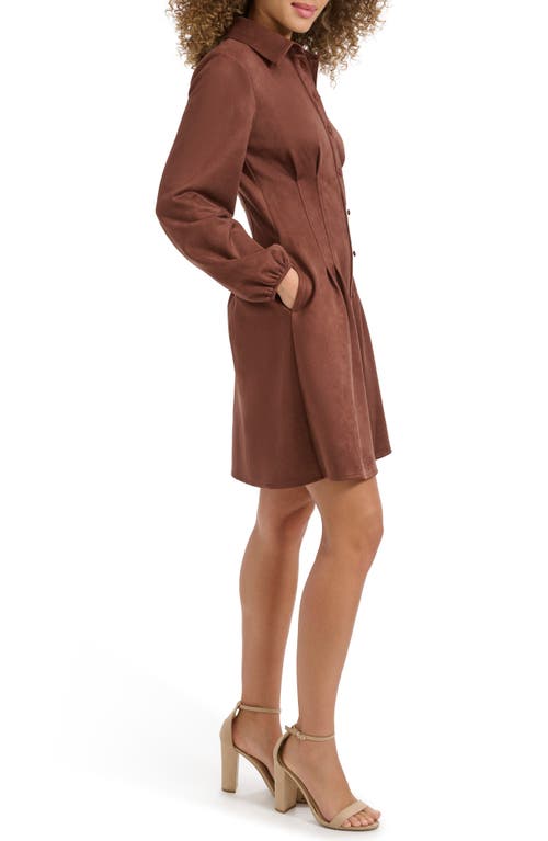 Kensie Faux Suede Long Sleeve Shirtdress In Brown