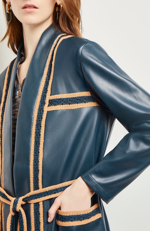 Shop Misook Belted Knit Trim Faux Leather Longline Jacket In Mteal/bk/gld