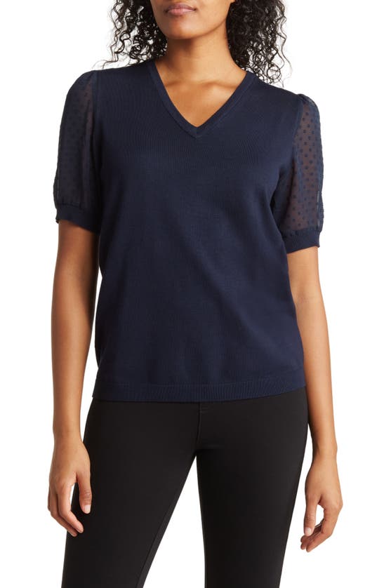 Adrianna Papell Clip Dot Short Sleeve Sweater In Blue Moon