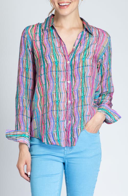 Print Roll-Up Sleeve Chiffon Button-Up Shirt in Pink Multi