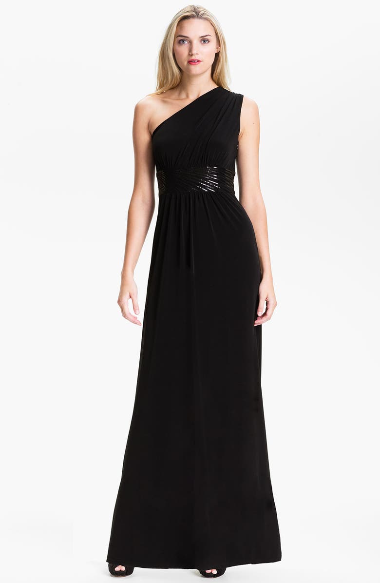 Calvin Klein Sequin Waist One Shoulder Jersey Gown | Nordstrom