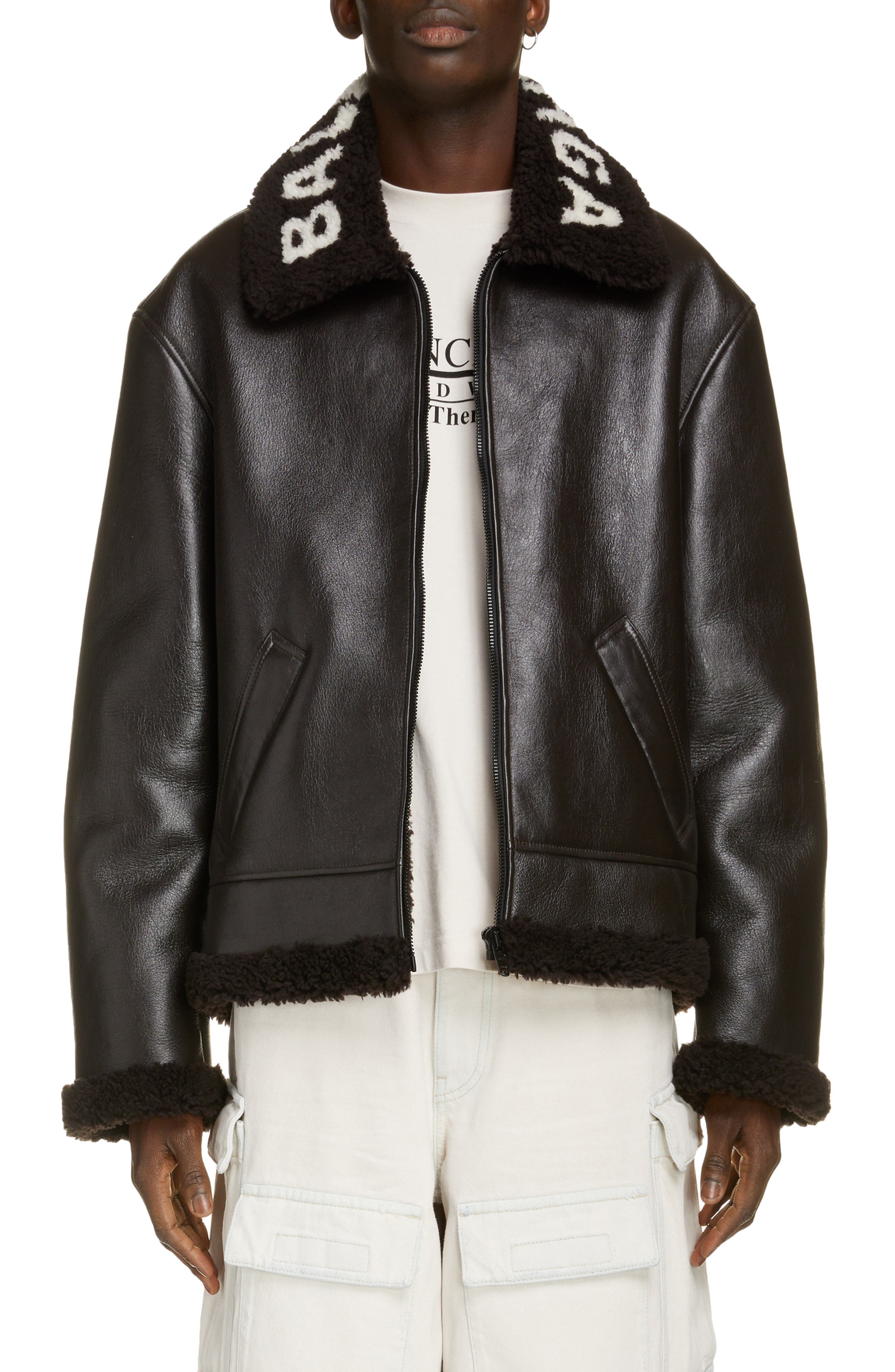 Balenciaga Logo Collar Leather Jacket with Genuine Shearling Lining in Black/Black at Nordstrom, Size 36 Us
