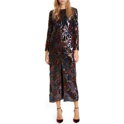 Roseanna Sequin Floral Print Long Sleeve Midi Dress, 6 FR - Blue