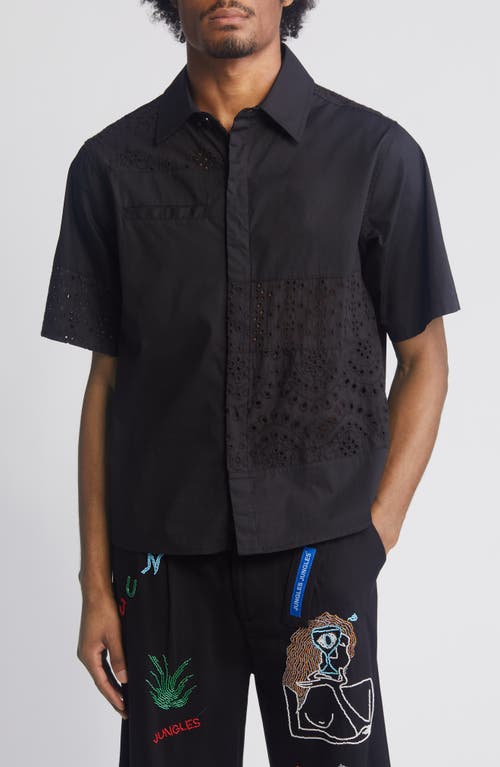 Eyelet Short Sleeve Cotton Button-Up Shirt in Black