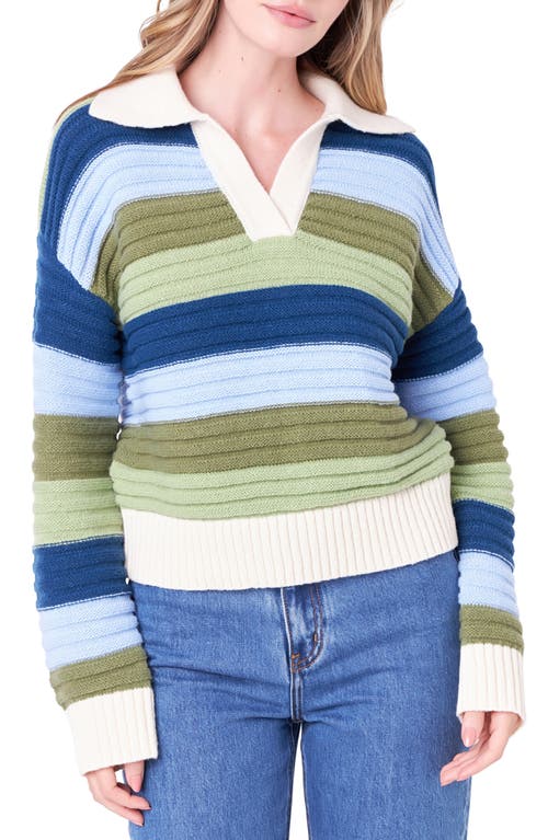 English Factory Rainbow Stripe Polo Sweater Green Multi at Nordstrom,