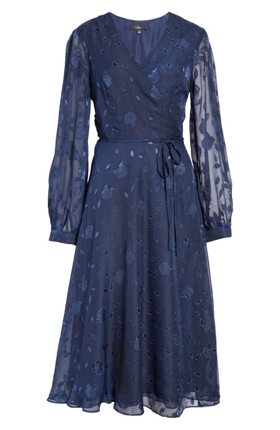 Lulus Evening Of Elegance Floral Long Sleeve Midi Wrap Dress In Navy Blue Floral