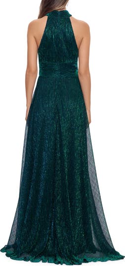 B & Adam Halter Mock Neck Crinkle Faux Wrap Gown