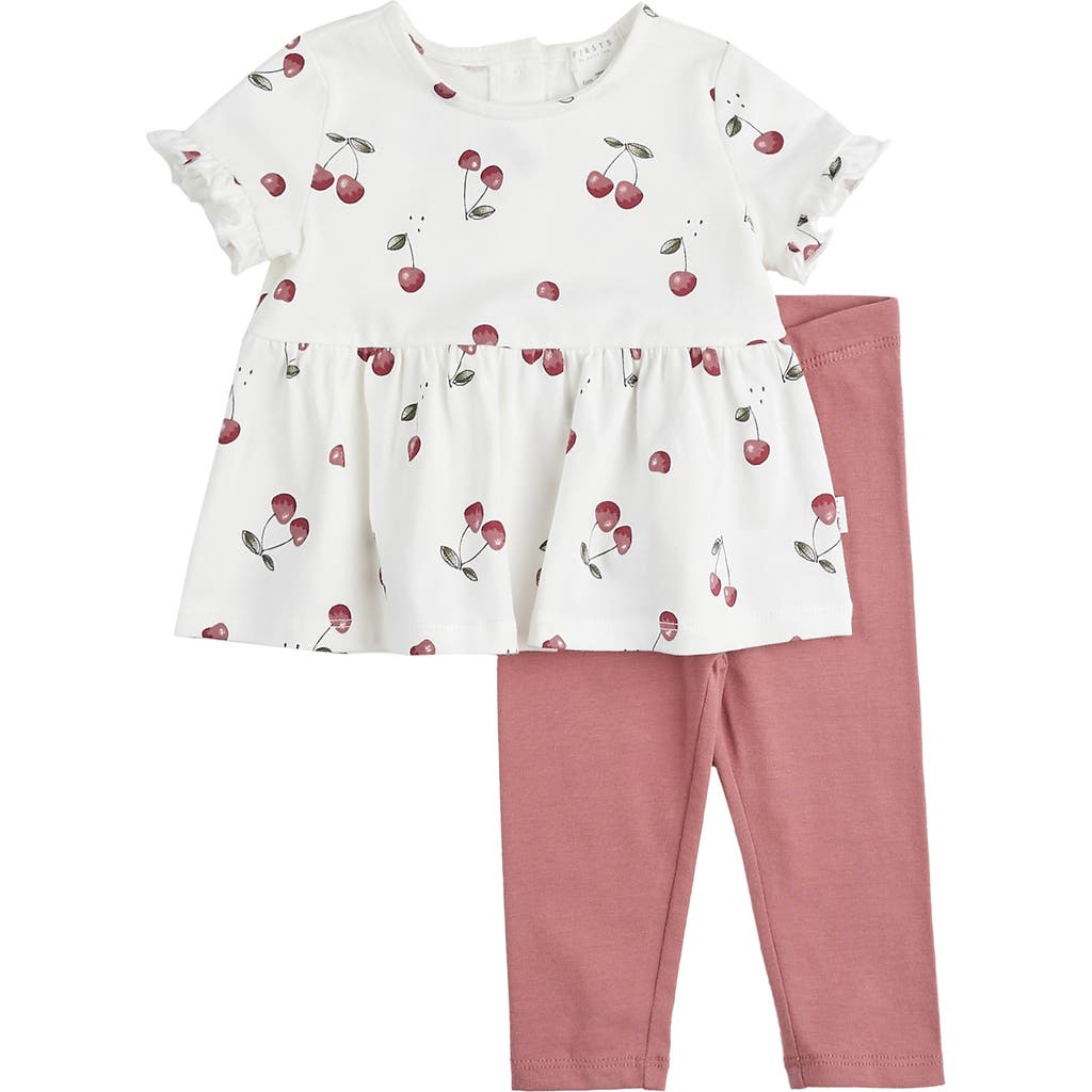 Firsts By Petit Lem Cherry Print Organic Cotton Top & Leggings Set In White/pink