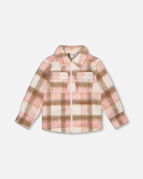 Shop Deux Par Deux Little Girl's Overshirt Wool-effect With Pockets Plaid Pink, Nougat And Off White In Plaid Pink, Brown & Off White