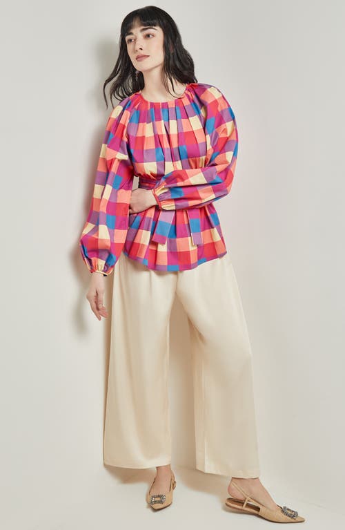 Shop Misook Check Tie Waist Shirt In Pink/blue Multi