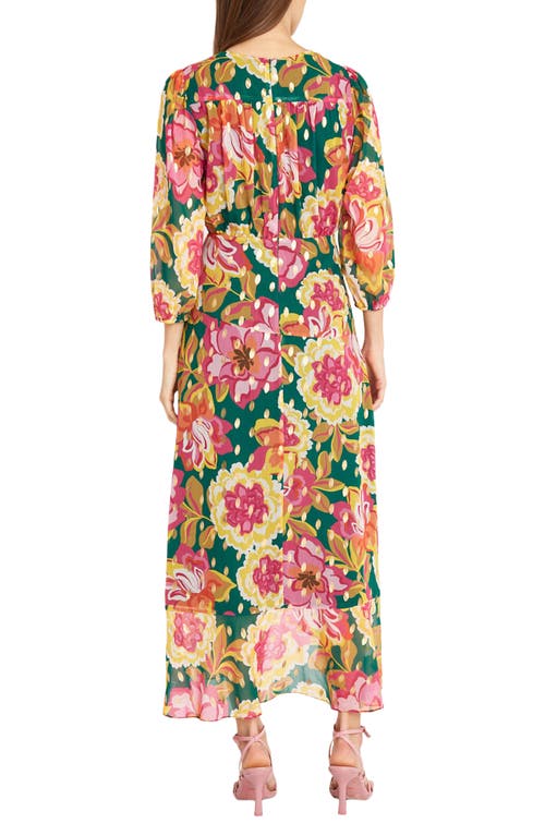 Shop Donna Morgan For Maggy Floral Print Metallic Long Sleeve High/low Maxi Dress In Green/raspberry