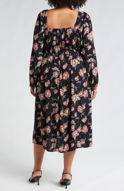 Shop Treasure & Bond Smocked Bodice Long Sleeve Dress In Black Wander Floral