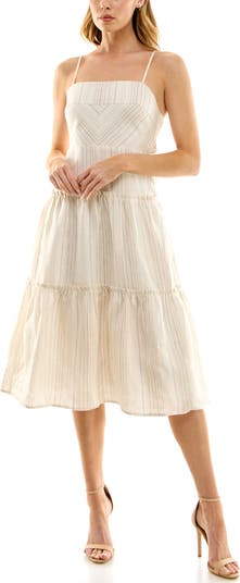 Beautiful Breezes Ivory Striped Linen Tiered Midi Dress