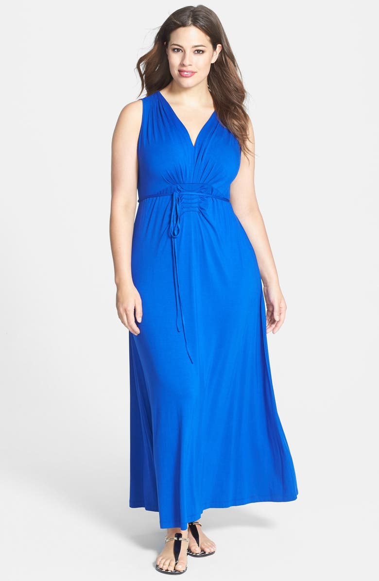Calvin Klein Pleated V-Neck Jersey Maxi Dress (Plus Size) | Nordstrom