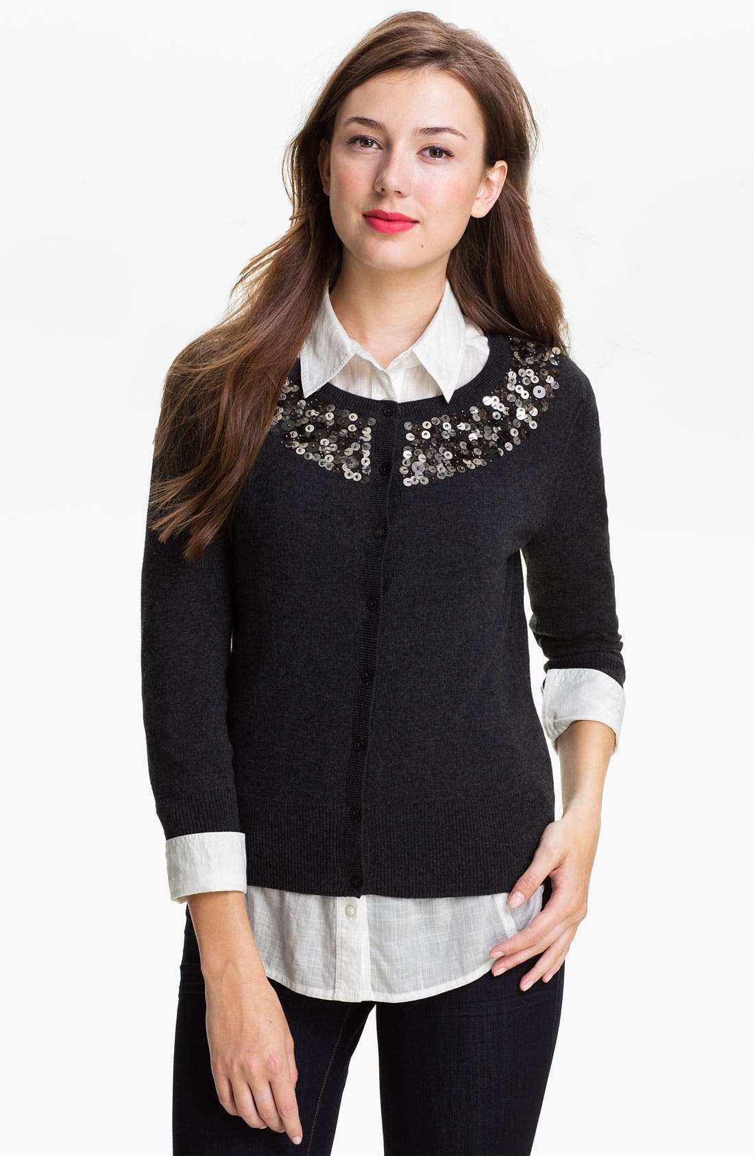 Halogen® Sequin Yoke Cardigan (Petite) Nordstrom